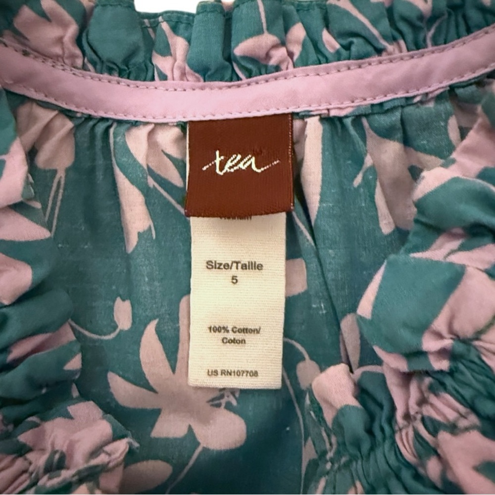 Tea Collection Girls Floral Dress Size 5 Teal Pink Ruffle Hem Cotton - Picture 3 of 5